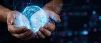 Hands holding glowing digital globe with network connections, representing global technology, data transfer, and worldwide business communication in cyberspace.