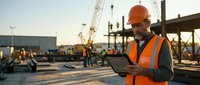 Male construction worker wearing orange safety vest and hard hat using tablet on industrial building site with crane and steel framework during golden hour.