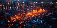 Futuristic circuit board with glowing orange data streams and digital city skyline emerging from electronic pathways, representing technological advancement.