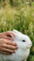 Caucasian adult hand gently petting white fluffy rabbit outdoors in green grass field, showing care and affection for domestic pet animal in natural setting.
