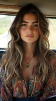Young woman with wavy brown hair wearing boho style floral print blouse and pendant necklace poses in car interior with natural lighting and soft dreamy atmosphere.