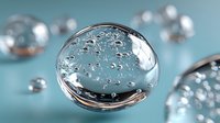 Transparent water droplet with air bubbles on turquoise background, macro photography showing surface tension and light refraction for science or environmental concepts.