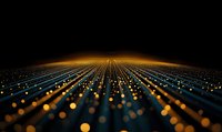 Abstract digital landscape with glowing blue and orange light points stretching to horizon against dark background, creating futuristic perspective grid pattern.