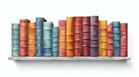Row of vintage multicolored hardcover books standing on white shelf against white background, spines showing decorative elements and classic binding.