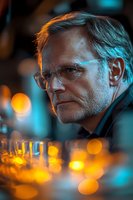 Mature Caucasian man in glasses with contemplative expression captured in dramatic lighting with orange and teal tones, bokeh effects create moody atmosphere.