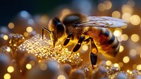 Macro shot of honey bee collecting golden pollen, wings and body details visible against blurred bokeh background with warm glowing lights and sparkles.