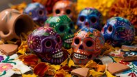 Colorful decorated sugar skulls with intricate floral patterns surrounded by autumn leaves and marigold petals for Day of the Dead celebration.