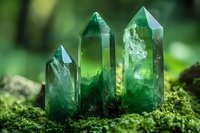 Emerald green crystal points rising from moss covered ground, glowing with natural light and displaying faceted surfaces in mystical forest setting.