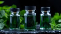 Glass bottles with green herbal extract or essential oil on dark background with fresh mint leaves, natural aromatherapy and organic skincare concept.