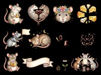 Cute watercolor mice clipart set isolated on transparent background, ready for stickers, t-shirt design, print on demand, sublimation, and scrapbooking projects.
