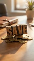 Wooden letter blocks spelling SAVE surrounded by golden coins on desk with warm lighting for financial planning and money saving concepts.
