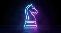 Glowing neon chess knight piece in vibrant blue and purple colors against dark background for gaming and strategy concepts.