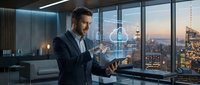 Businessman in dark suit holding tablet in modern high-rise office with panoramic city skyline view at sunset, contemporary workspace design.