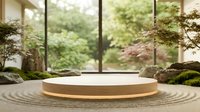 Zen garden meditation space with wooden podium platform surrounded by raked sand patterns and bonsai trees near large windows overlooking lush greenery.