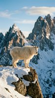 Mountain goat standing on rocky cliff with snow-covered alpine peaks in background during winter wilderness adventure and wildlife photography.