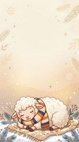 Cute sheep wearing cozy scarf resting on snowy ground surrounded by winter foliage, snowflakes and sparkles. Warm holiday greeting card illustration for seasonal designs and festive projects.