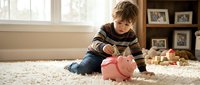 Young boy, Caucasian ethnicity, wearing striped sweater and jeans, inserting coin into pink piggy bank while sitting on carpet at home. Financial education concept.