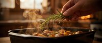 Hand holding fresh rosemary sprig over sizzling meat in cast iron skillet with steam rising, warm kitchen lighting, cooking and food preparation concept.