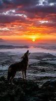 Wolf howling at dramatic sunset over rocky landscape with orange and purple sky clouds creating wilderness atmosphere for nature photography.