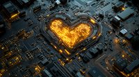 Glowing heart-shaped circuit board with orange light emerging from electronic components against dark technological background, aerial perspective.