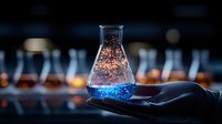 Glowing chemical reaction in laboratory flask with blue liquid and orange sparks against dark background, held by scientist hand in dramatic lighting.
