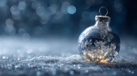 Transparent glass Christmas ornament with glowing light inside resting on sparkling snow against blurred blue bokeh background.