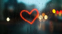 Red heart drawn on rainy window glass with blurred city lights in background, creating romantic atmosphere on wet evening.