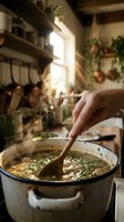 Hand stirring homemade soup in rustic kitchen pot with wooden spoon, cozy cooking atmosphere with herbs and warm natural lighting for culinary content.