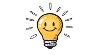 Yellow light bulb with happy smiling face drawn in casual sketch style, radiating lines suggest bright illumination and positive energy. Isolated on white background.