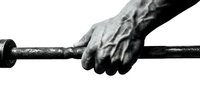 Muscular male hand gripping a heavy barbell in black and white, showcasing strength, power, and determination in fitness training.