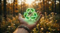 Hand holding glowing green recycling symbol in autumn forest at sunset representing environmental conservation and sustainable living practices.