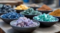 Colorful healing crystals and mineral stones in ceramic bowls, arranged in rainbow order. Natural gemstones for alternative medicine, meditation and spiritual practices.
