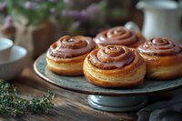 Fresh homemade cinnamon rolls with chocolate glaze served on vintage cake stand. Rustic food photography with natural lighting and soft bokeh background.