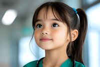 Young Asian girl with ponytail and bangs wearing green shirt smiles optimistically while looking up, natural lighting creates soft glow on her face against blurred background.