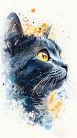 Artistic watercolor portrait of black cat with golden eyes, featuring splashes of blue and orange paint. Mystical feline profile with detailed whiskers and fur.