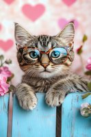 Adorable tabby cat wearing glasses poses against pink heart backdrop with blue wooden fence and spring flowers, creating charming Valentine's Day or pet-themed composition.