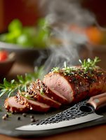 Juicy roasted pork tenderloin with herbs and spices, sliced on cutting board with chef knife, steam rising from freshly cooked meat.