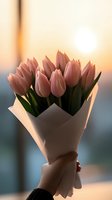 Pink tulip bouquet wrapped in white paper held against sunset sky, creating romantic atmosphere with soft bokeh background and gentle natural lighting.