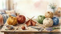 Colorful yarn balls with knitting needles, scissors, and dried lavender arranged on wooden table for crafting and hobby projects.