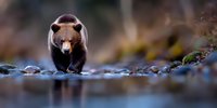 Young brown bear cub walking along rocky stream edge in natural habitat, soft focus background creates dramatic wildlife atmosphere. Perfect for nature publications.
