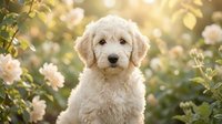 Adorable cream-colored goldendoodle puppy sitting among blooming roses in golden sunlight, perfect for pet care marketing and family lifestyle content.
