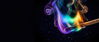 Magical wizard hat with glowing rainbow light effects and sparkles on black background for fantasy designs and mystical themed projects.