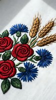Traditional folk embroidery with red roses, blue cornflowers and wheat ears on white linen fabric showcasing detailed needlework and cultural heritage craftsmanship.