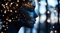 Digital art portrait of woman with golden particles and bokeh lights creating magical luminous effect against blue background.