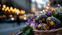 Decorated Easter eggs with traditional folk art patterns in wicker basket with spring flowers and bokeh lights creating festive holiday atmosphere.