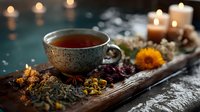 Herbal tea cup with dried flowers and spices on rustic wooden tray, surrounded by warm candlelight creating cozy atmospheric mood for relaxation and wellness.