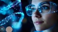Young female scientist in glasses observing glowing DNA structure visualization. Modern biotechnology research concept with blue neon lighting and bokeh effects.