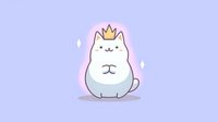 Cute cartoon white cat with golden crown sitting on purple background, glowing pink aura surrounds the royal feline character.