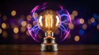 Vintage Edison bulb glowing with electric plasma energy sphere creating magical lighting effect on wooden surface with bokeh background for creative concepts.