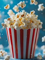 Fresh popcorn overflowing from classic red and white striped container against blue background with floating kernels creating dynamic motion and depth.